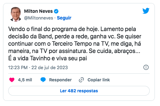 POLÊMICA no FUTEBOL da TV: apresentador é TROCADO e DESABAFA com seguidores 2 milton neves twitter