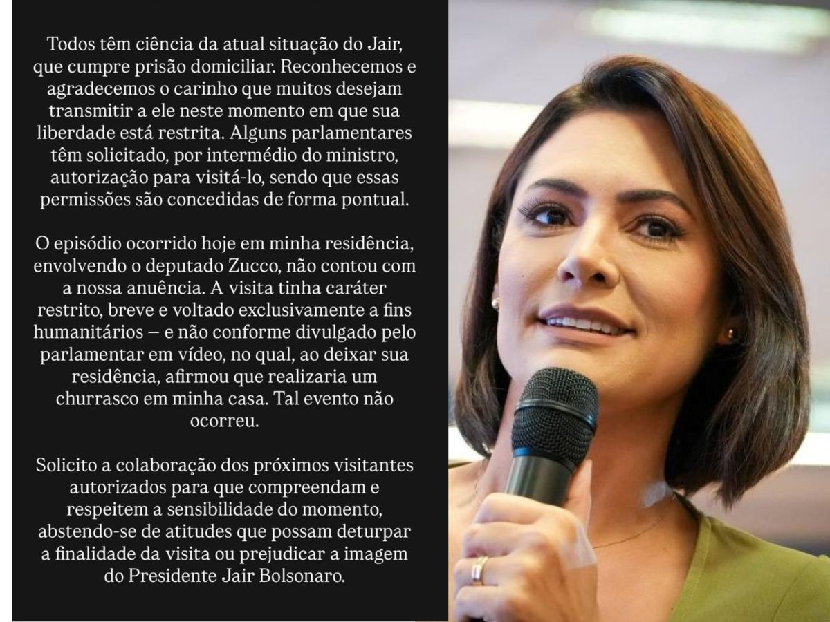 Michelle Bolsonaro nega churrasco com Zucco durante visita a Bolsonaro 1 michelle bolsonaro nega churrasco com zucco durante visita a bolsonaro
