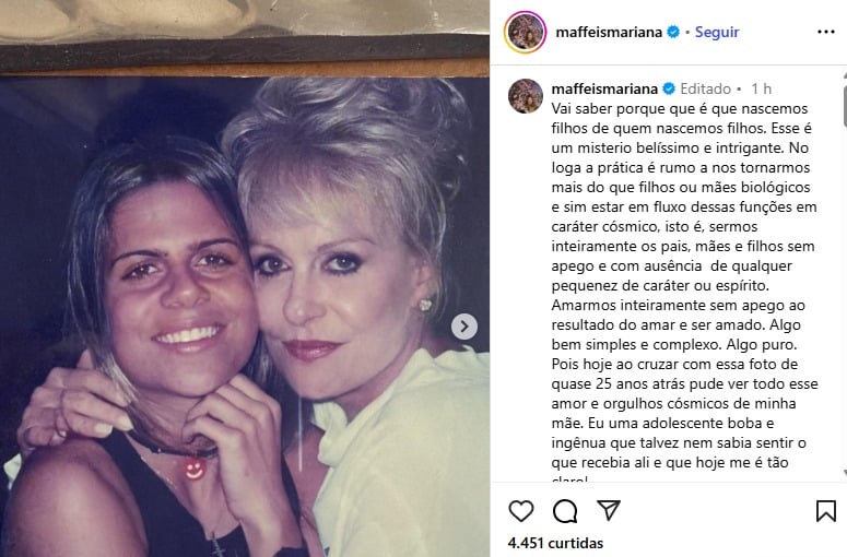 Mariana Maffeis compartilha fotos raras com Ana Maria Braga